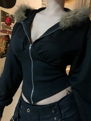 BXOXO Zip Up Fur Neck Hoodie Coats Fashion Slim Solid Y2K Vintage Women's Jackets Casual Streetwear Chic Basics Clothes