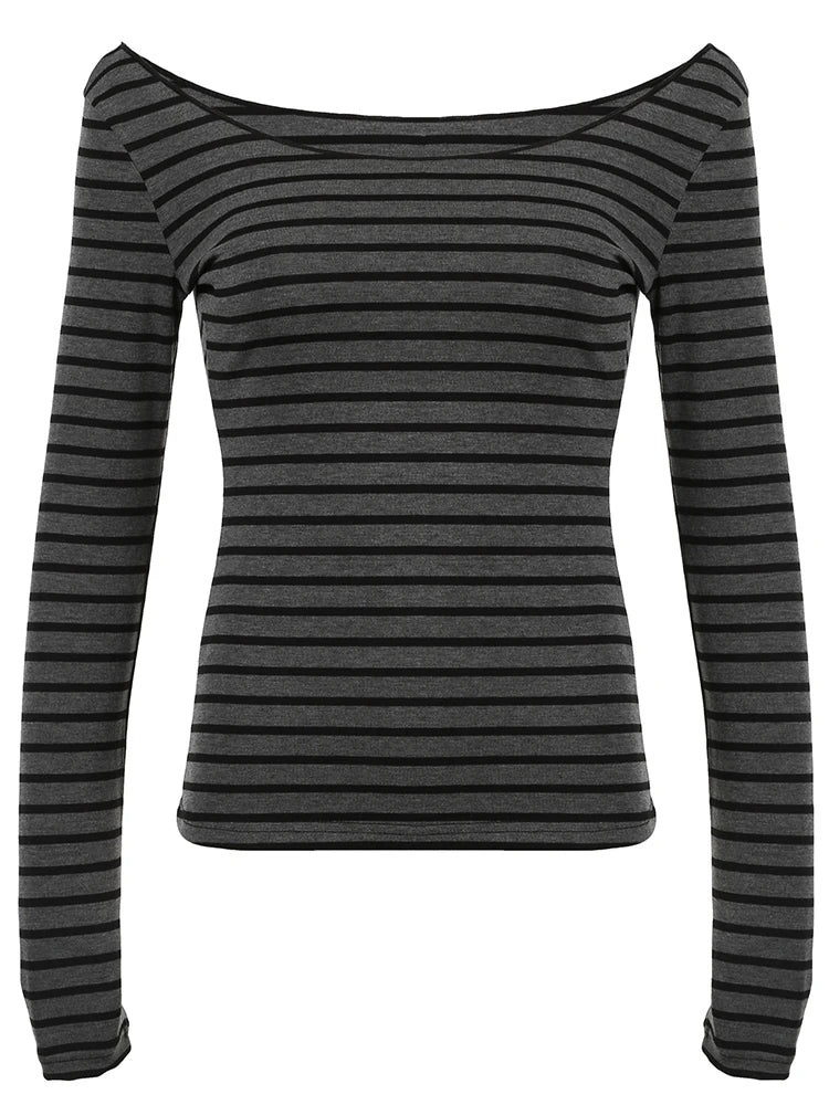 Bxoxo Japanese Basic Slim Long Sleeve Stripe Tee Off Shoulder O Neck Korean Street Style Spring Autumn Y2K Gray T Shirt Women