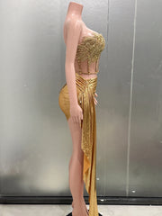 BXOXO Gold Color Women Sexy 2 Pieces Strapless Bodycon Mini Dress Bar Singer Nightclub Party Celebrate Birthday Dress Wholesale
