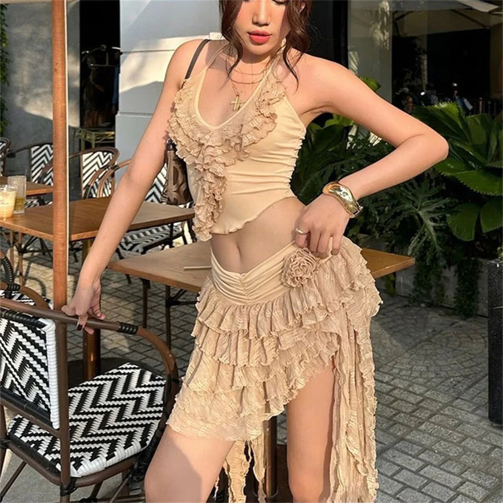 BXOXO 2 Piece Set Women Summer Lace-Up Low-Neck Multi-Layered Lace Collarmini Tops+Tassel Skirt Multilayer Irregular Hem Suit