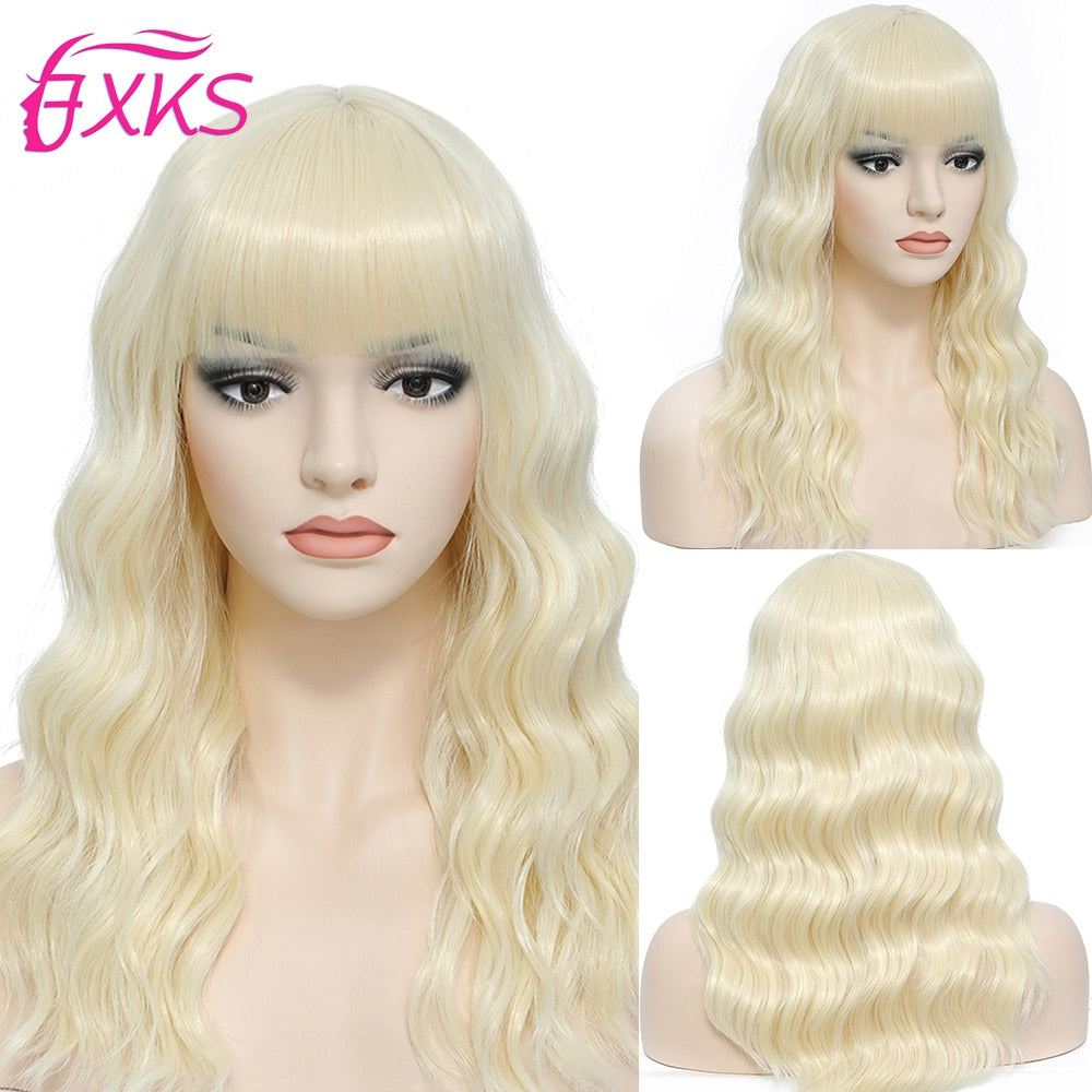 BXOXO Blonde Gold Short Wavy Synthetic Wigs With Bangs Brown Grey Silver Black Color Body Wave Hair Wigs 14Inch 200G For Women FXKS