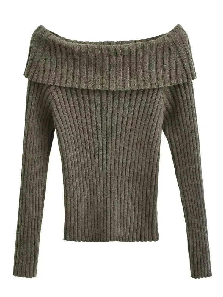 Bxoxo Autumn Winter Solid Color Rib Knitted Off the Shoulder Pullover Sweater Sexy Women Full Sleeve Slim Stretch Knitwear Jumper
