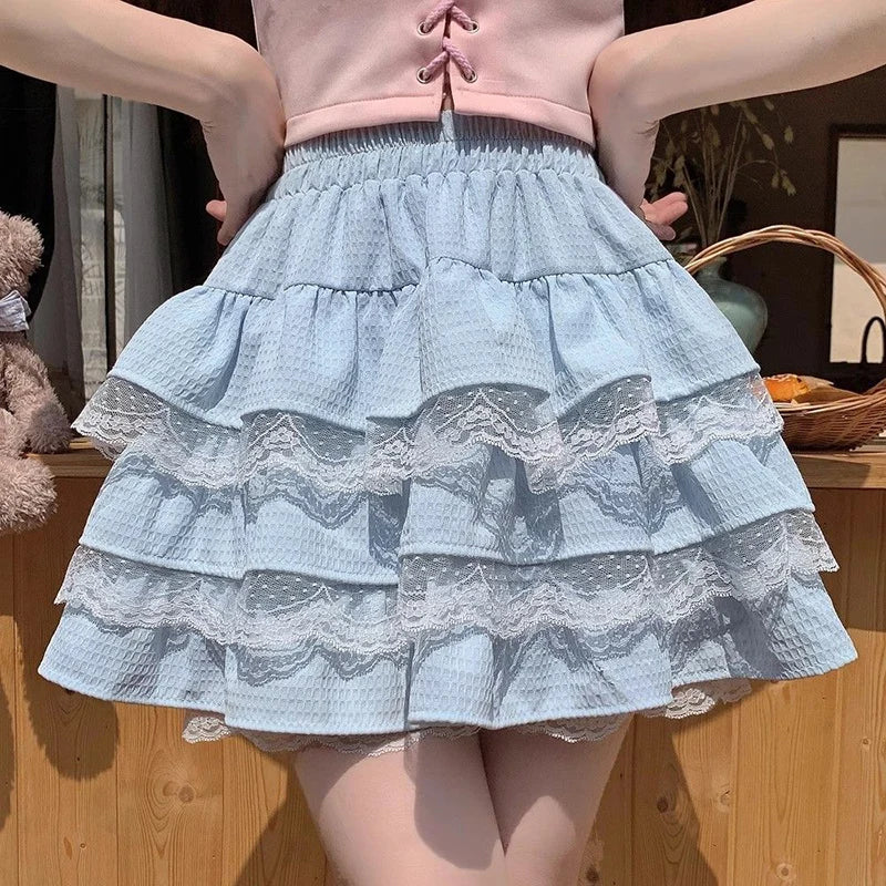 Bxoxo Japanese Sweet Lolita Cake Skirts Women Summer Lace Patchwork A Line Skirt Y2K Kawaii Ruffled Mini Skirts with Shorts Female
