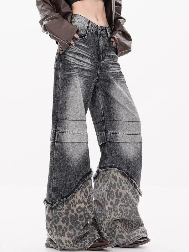 Bxoxo Y2k Vintage Patchwork Leopard Women Jeans Harajuku Washed Wide Leg Korean Fashion Denim Pants Baggy Trousers Streetwear