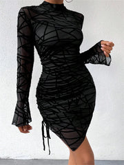 BXOXO Turtleneck Black Short Mini Dress for Women Long Sleeve Mesh See Through Print Irregular Hem Dress Party Vestido