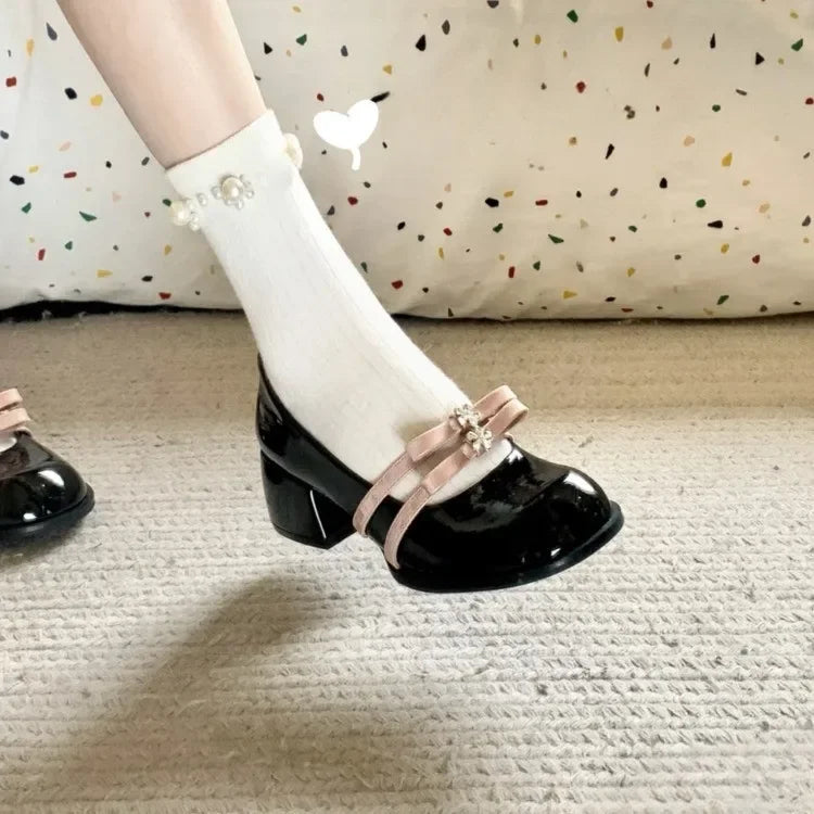 Bxoxo French Mary Jane Shoes Women's Spring 2025 New Style Versatile College Style Butterfly Knot Thick Heel Low Cut Single Shoes