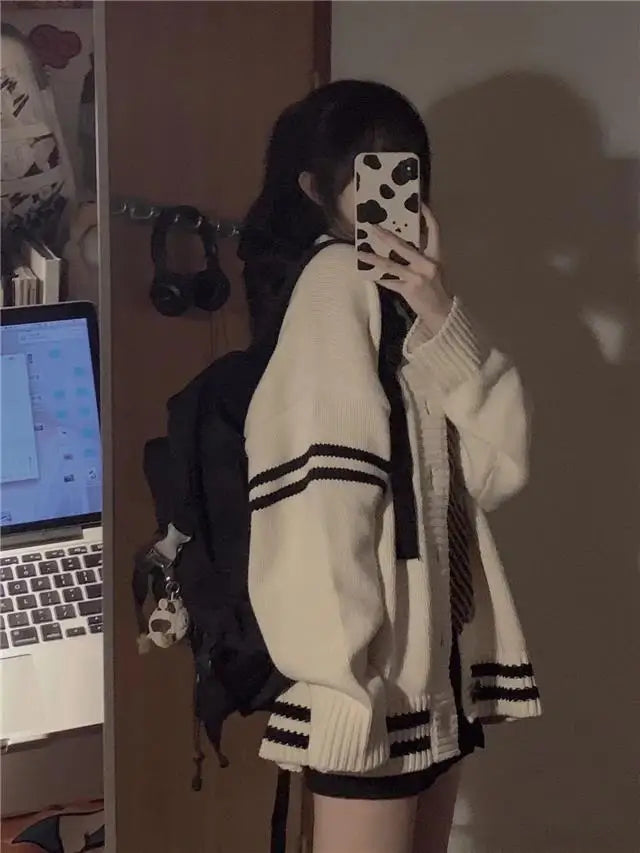 Bxoxo Striped Loose Cardigan Women Y2K Vintage Autumn Winter Single Breasted Sweater Streetwear Casual Korean Female Knitted Coat