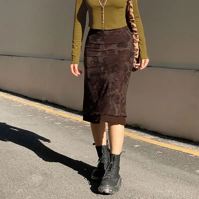 BXOXO Harajuku Vintage Long Skirts Women Floral Print Gothic Retro Skirts Grunge Aesthetic Streetwear Punk A Line Midi Skirt