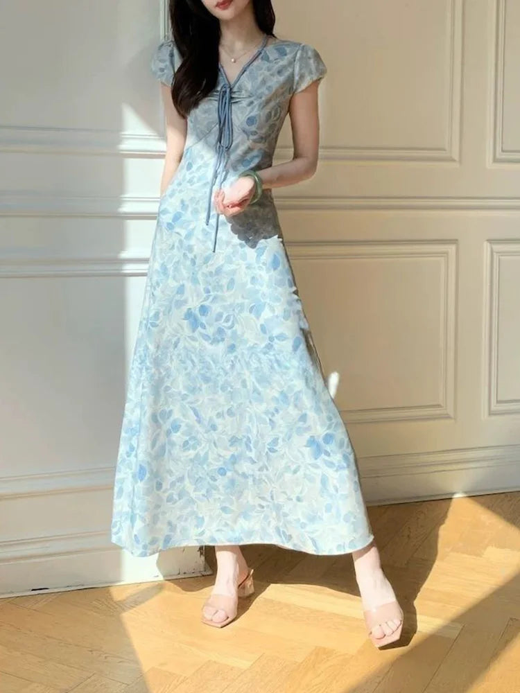 BXOXO Sweet Blue Print Long Dress Women Slim Vintage V Neck Elegant Dress Casual French Retro Lace Up Female Soft Vestidos New