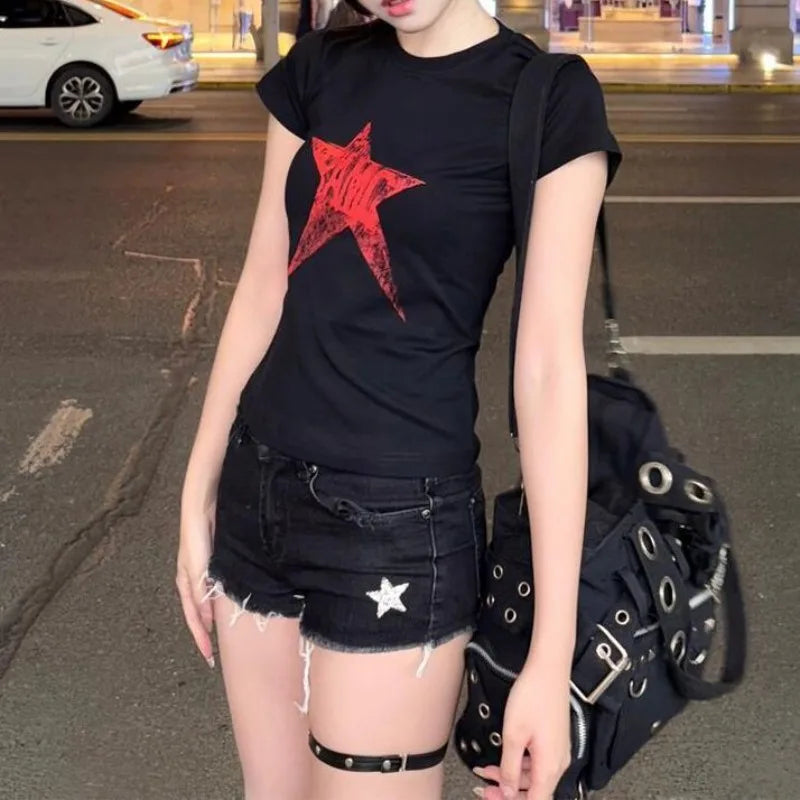 BXOXO Vintage T Shirts Women Short Sleeve Star Printed Slim Sexy Y2k Aesthetic Grunge Summer Fashion Harajuku Tee Shirt Female