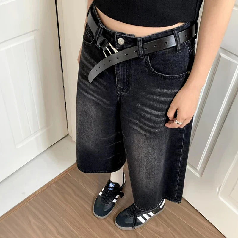 BXOXO Women Black Y2k Style Baggy Denim Shorts Wide Leg Short Pants Fashion High Waisted Dark Wash Knee Length Jeans Female Casual