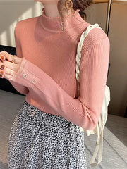 Bxoxo Knitted Women Sweater O-neck Button Pullovers Spring Autumn Basic Sweaters for Female Pullover Slim Solid Bold Lace Tops
