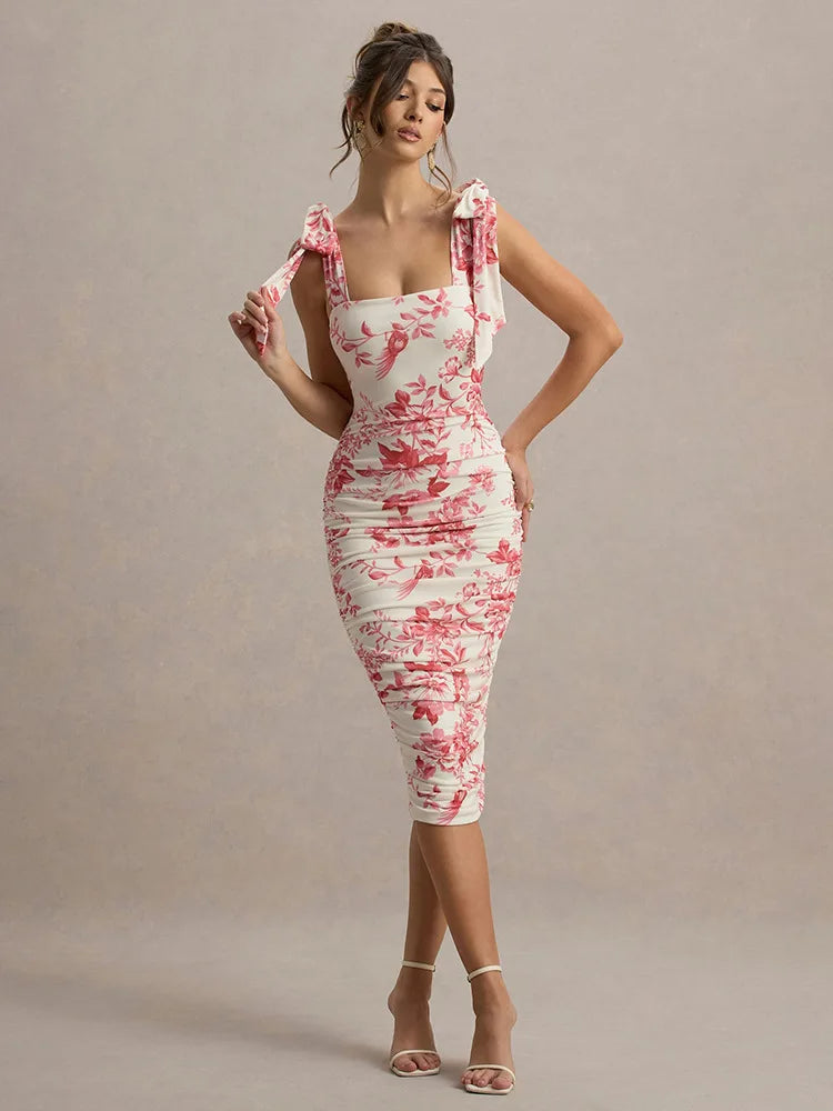 BXOXO Floral Print Backless Sexy Maxi Dress For Women Gown Spaghetti Strap Square Collar Ruched Bodycon Club Party Dress