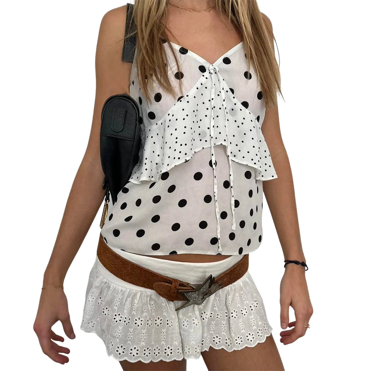 BXOXO Women s Sleeveless Camisole with Polka Dot Print and Tie-Up Front Detail V-Neck Tank Top for Summer Streetwear Fashion