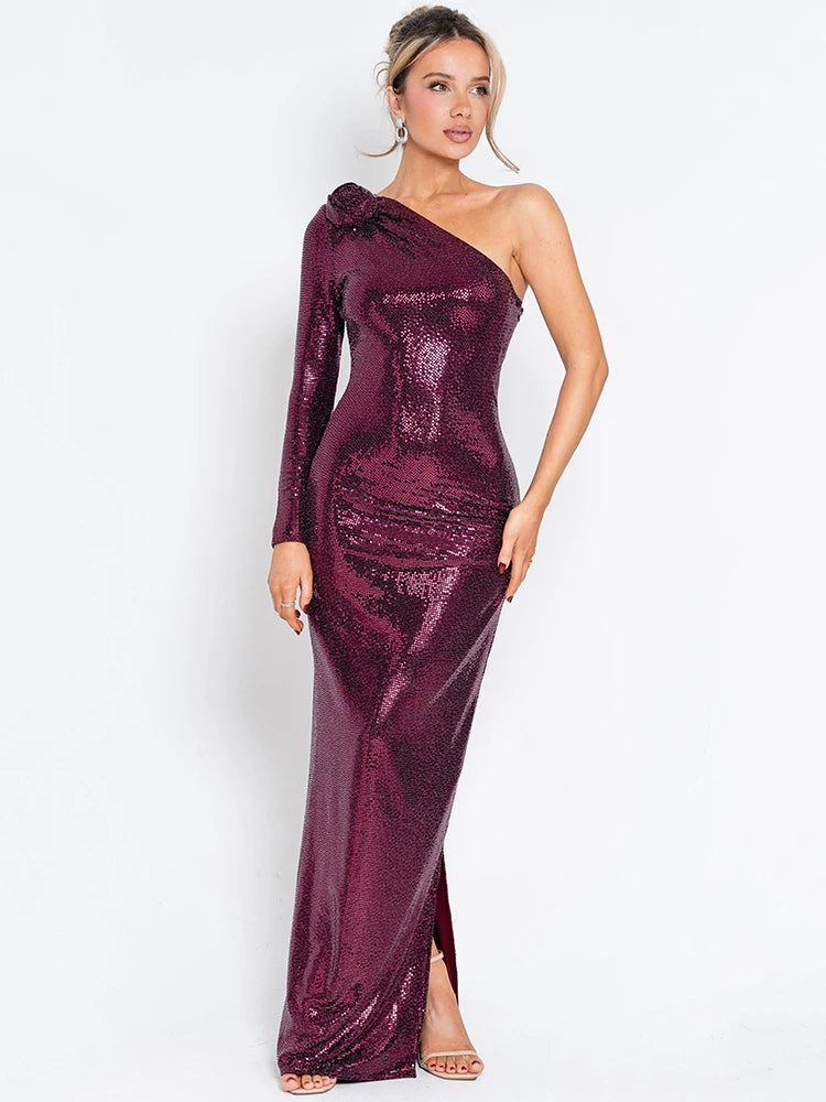 BXOXO Glitter Skew Collar Backless Sexy Maxi Dress For Women Gown Sparkle Rose One Shoulder Bodycon Evening Long Dress