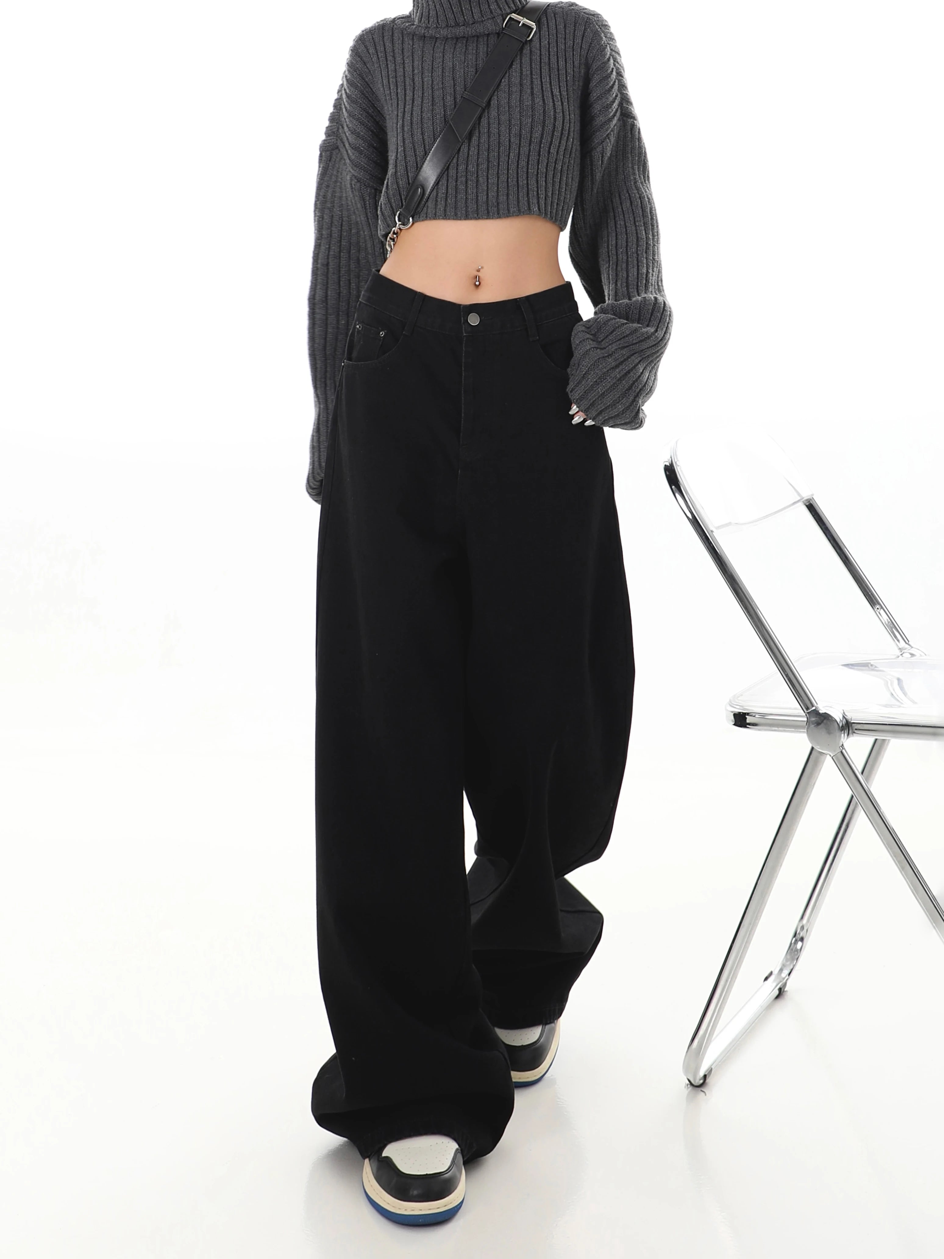 Bxoxo Y2K Black Jeans for Women Korean Fashion Streetwear High Waist Wide Leg Denim Pants Female Baggy Straight Trouser