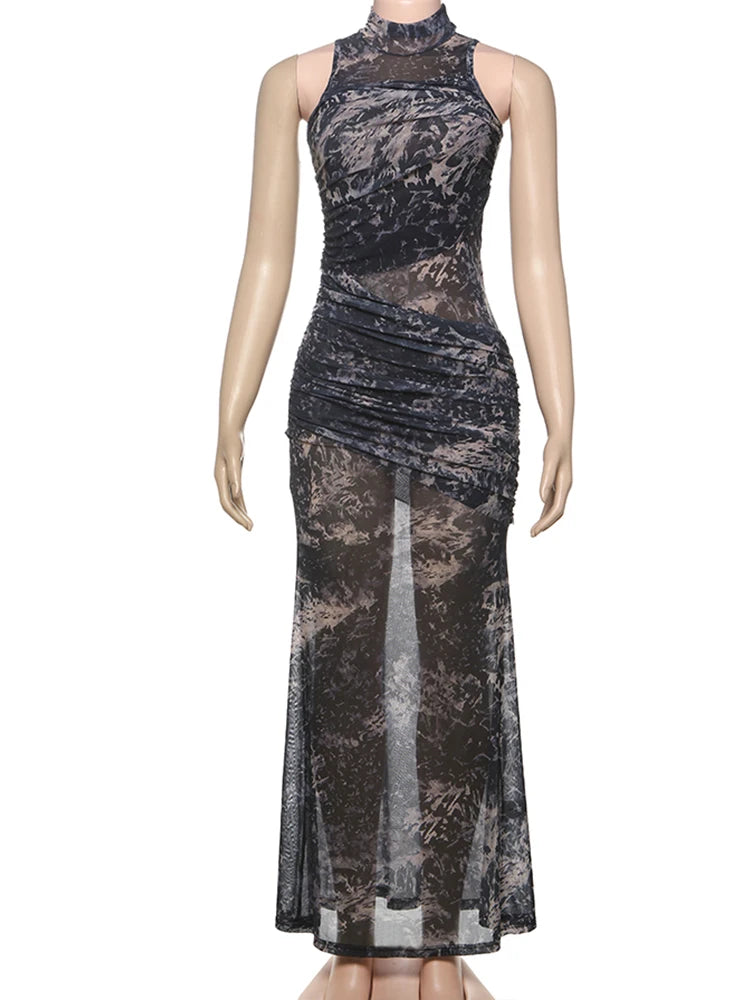 BXOXO Ink Print Dress Women See Through Patchwork Pleated Sleeveless High Neck Sexy Midnight Summer Trend Club Party Vestidos