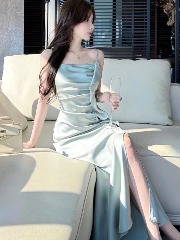 Bxoxo Party Chic Elegant Satin Split Sling Dresses For Woman Ruffles High Waist Folds Long Dress Prom Female Clothes 2025 New Robe