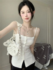 Bxoxo French Elegant Pure Camis Women Summer Sexy Spaghetti Straps Square Collar Tank Tops Korean Chic Single Breasted Female Vest