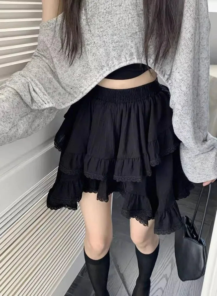 BXOXO Mini Skirts Women Irregular Lace Patchwork Ruffles Stretch High Waist 2025 Summer Fashion Sweet Skirt Female Casual