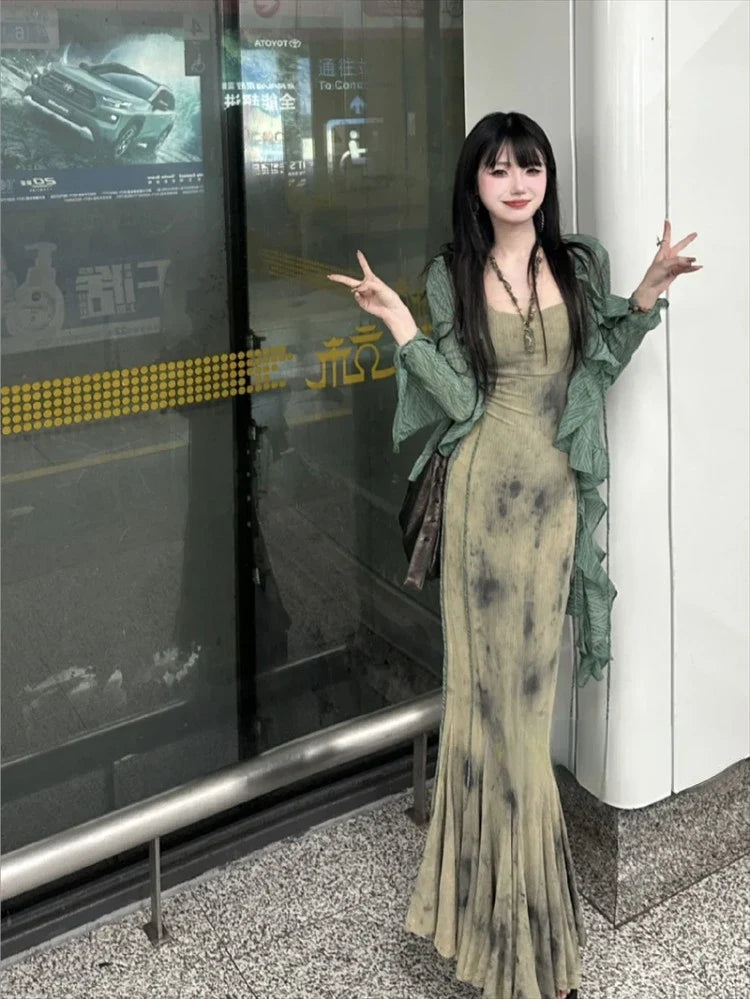BXOXO New Chinese Style Halo Dyeing Slim Fit Camisole Dresses+ Y2k Ruffles Long Sleeve Green Cardigan Spring Two Piece Sets