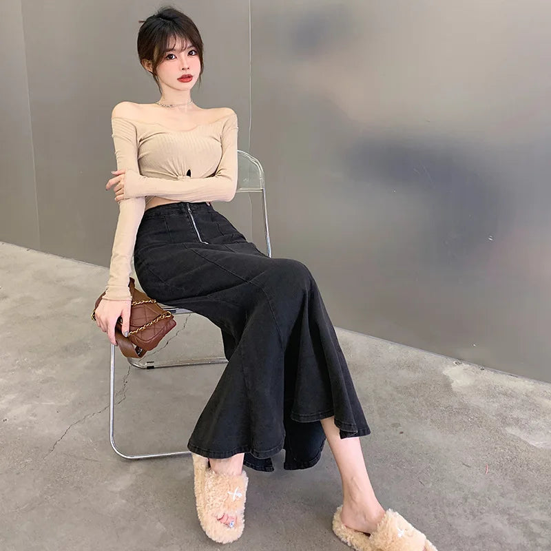 Bxoxo Long Denim Skirt for Women High Waist Autumn Blue Slim Jean Fishtail Skirt Korean Fashion Skinny Solid Elastic Slit Skirt Women