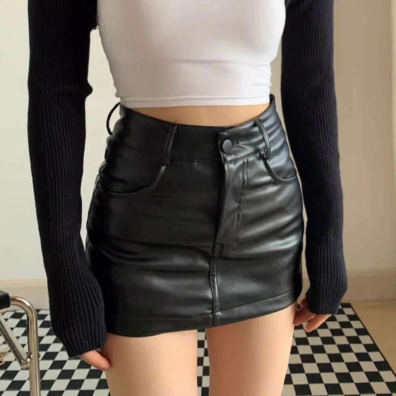 BXOXO High Waisted Women Y2K Black A-line Mini Skirts Chic Woman Shorts Streetwear Sexy PU Leather Shorts Skirt