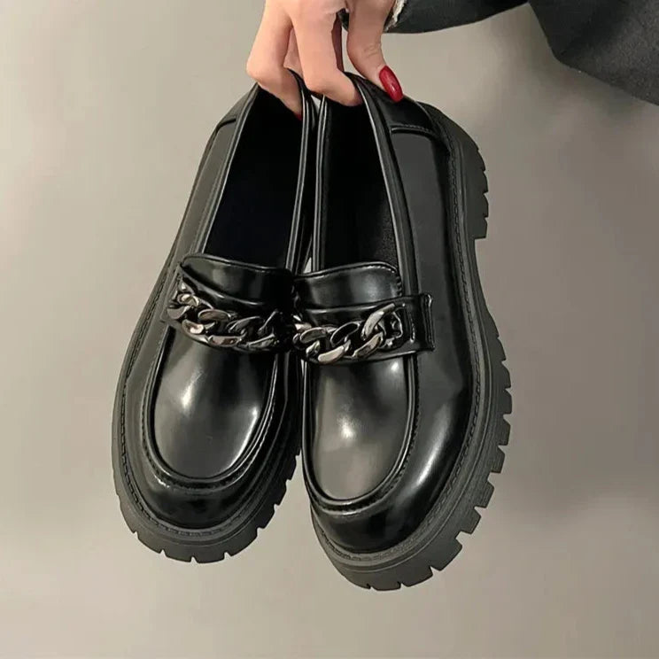 BXOXO Chunky Heel Platform Metal Chain loafers Women Pumps Black round toe small leather shoes Female Casual Retro JK Uniform shoes