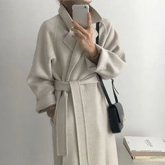 BXOXO Autumn Winter Woolen Coat Women Fashion with Belt Turn Down Collar Warm Overcoat Vintage Brown Long Woolen Jacket Woman