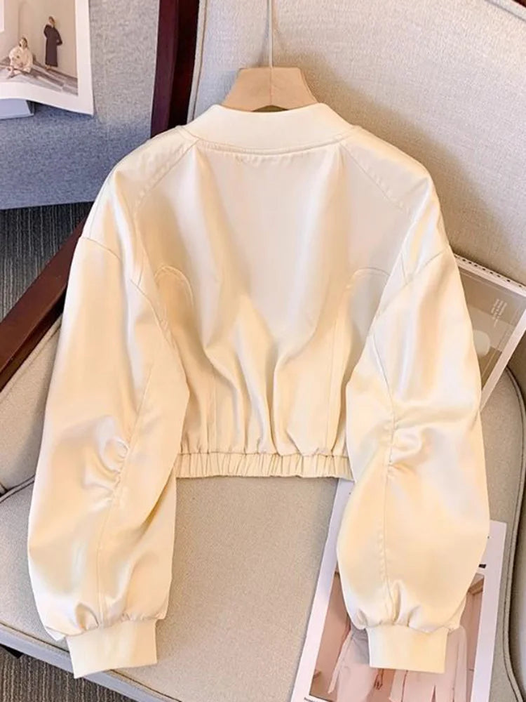 Bxoxo Baseball Y2K Satin Jackets Women Slim Long Sleeve Streetwear Vintage Short Coats Vintage Korean Pockets O Neck Fall Winter Tops