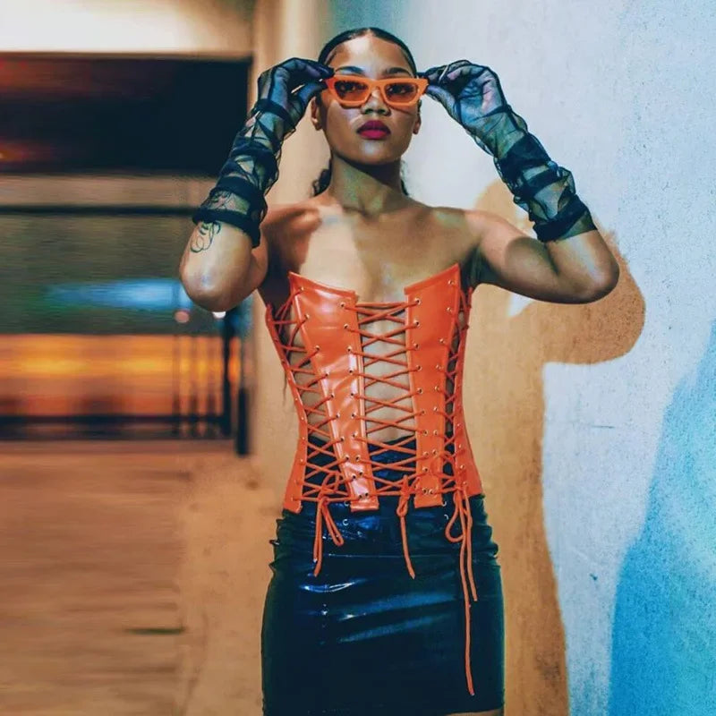 Bxoxo Sexy Gothic Women PU Leather Corsets Bustiers Lace-up Bandage Crown Girdle Slim Waist Back Zipper Strap Corset Tops Curve Shaper
