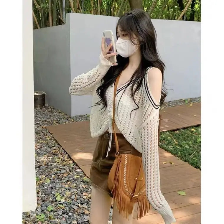 Bxoxo Off Shoulder Hollow Out Shirts Blouses Elegant and Youth Woman Blouse Drawstring Knitted V Neck Tops Vintage Y2k 2022 Fashion