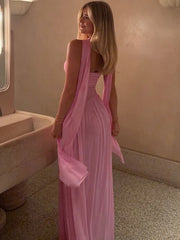BXOXO  Scarf Collar Backless Sexy Maxi Dress For Women Gown Pink Strapless Off-shoulder Backless Mesh Long Dress Vestido