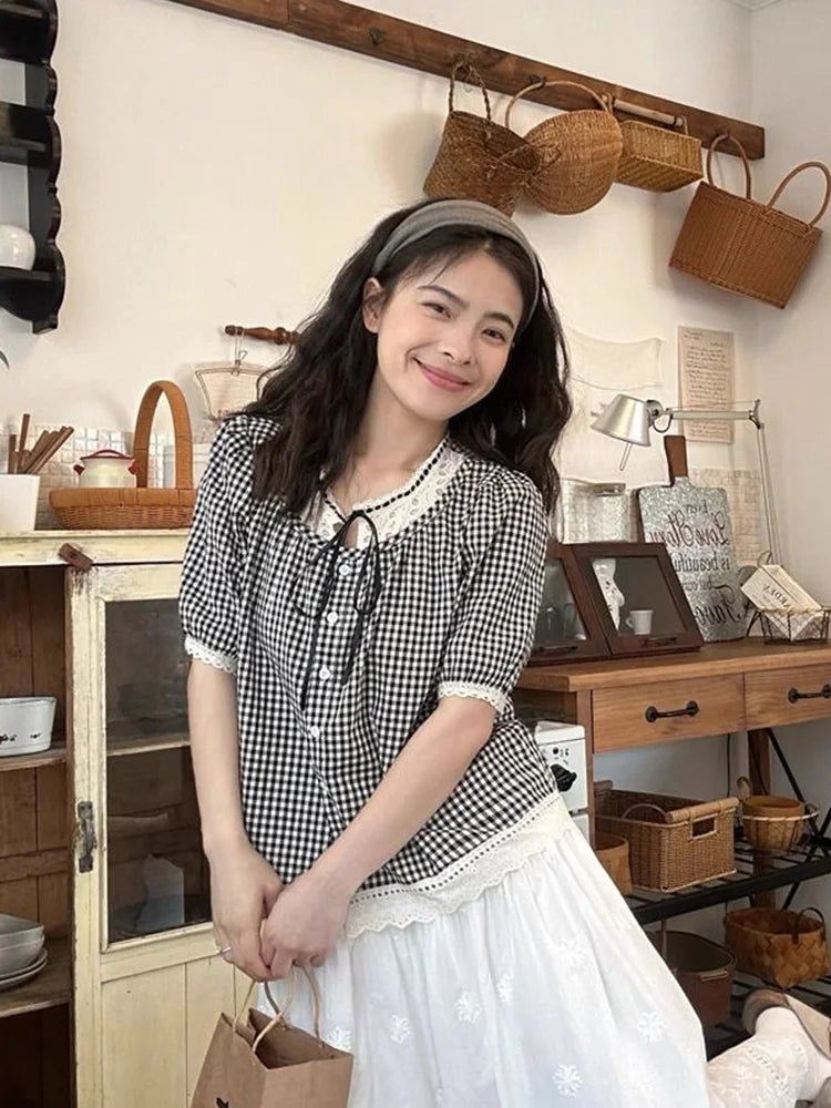 BXOXO Sweet Vintage Women Plaid Blouse Casual Preppy Style Lace Patchwork Loose Shirt Cute Retro Female Short Sleeve Lace Up Tops