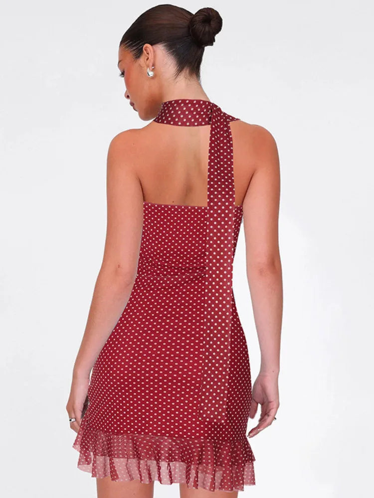 BXOXO Scarf Collar Polka Dot Mini Dress Women Robe Fashion Off-shoulder Backless Sleeveless Ruffled Club Party Dress Vestido