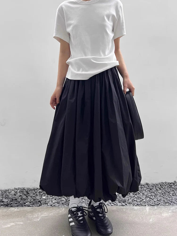 BXOXO Long Skirt Women Elegant Solid Elastic Waist A-line Vintage Korean Fashion Loose Balloon Maxi Skirt Casual Streetwear