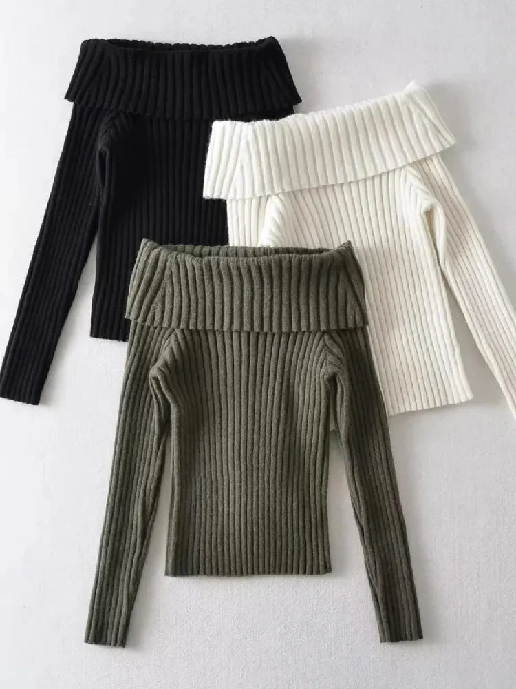 Bxoxo Autumn Winter Solid Color Rib Knitted Off the Shoulder Pullover Sweater Sexy Women Full Sleeve Slim Stretch Knitwear Jumper