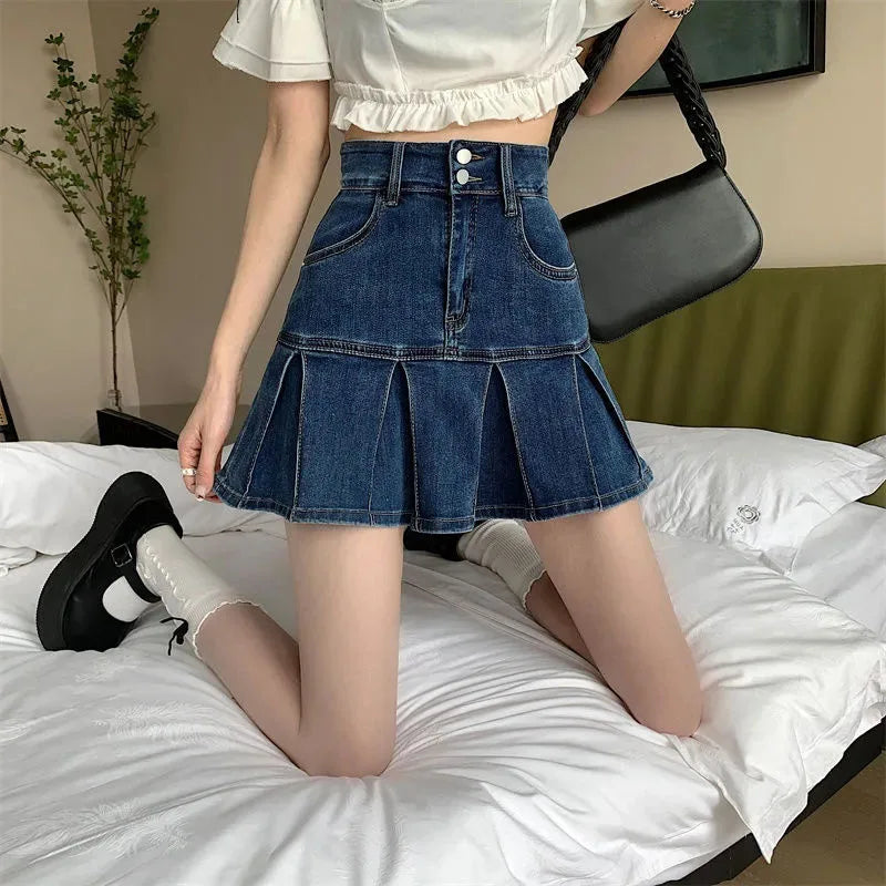 Bxoxo Vintage Blue Denim Pleated Skirt Women Y2K High Waist Ruffle All Match Mini Skirt Ladies Korean Streetwear A Line Jean Skirts