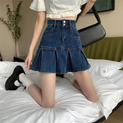 Bxoxo Vintage Blue Denim Pleated Skirt Women Y2K High Waist Ruffle All Match Mini Skirt Ladies Korean Streetwear A Line Jean Skirts
