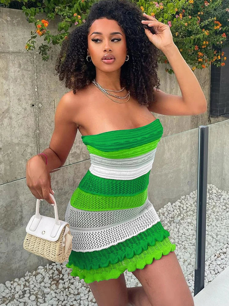 BXOXO  Knit Women Tube Dress Elegant Summer Patchwork Striped Ruffles Hem Skinny Stretch Bodycon Street Vacation Clubwear