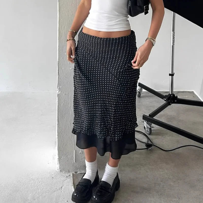 Bxoxo Polka Dot Mesh Long Skirt Summer Fashion Clashing Patchwork Slim Long Skirt Women Elegant Vintage Y2k Loose Long Skirt