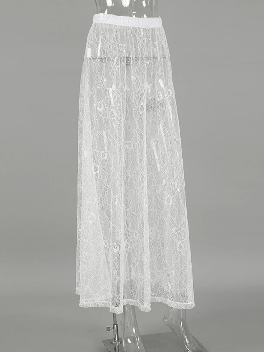 Bxoxo New Jacquard Lace Sheer Long Skirt Women Elastic Waist White Sexy Transparent Maxi Skirts Female Streetwear Fashion Faldas Jupe