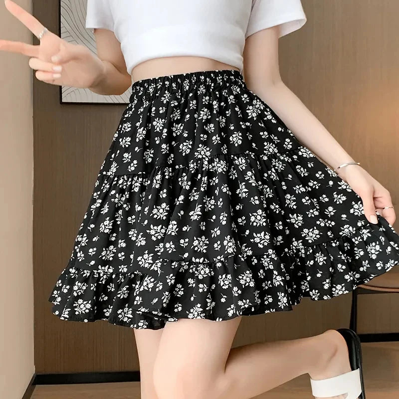 Bxoxo Sweet Floral Skirts for Women Summer Elastic High Waist All Match Mini Skirts Y2K Korean Kawaii Preppy A Line Skirts Female
