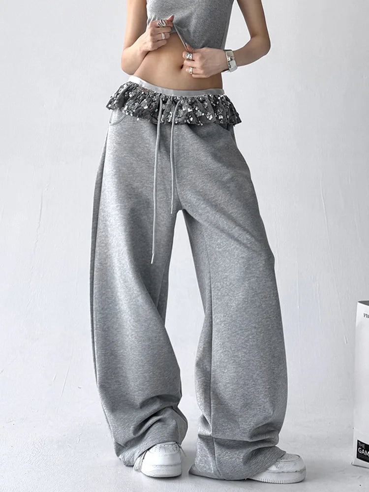 Bxoxo Chic Bright Silk Patchwork Sweatpants Women Loose Streetwear High Waist Casual Pant Fashion Pockets Fall American Gray Trousers