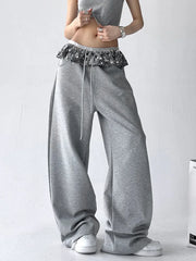 Bxoxo Chic Bright Silk Patchwork Sweatpants Women Loose Streetwear High Waist Casual Pant Fashion Pockets Fall American Gray Trousers