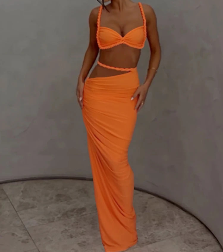 BXOXO Woven Sexy Women 2 Piece Set Stunning Hot Solid Pleated Crop Camisoles+High Waist Maxi Skirts Female Trend Vacation Outfit