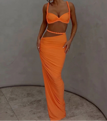 BXOXO Woven Sexy Women 2 Piece Set Stunning Hot Solid Pleated Crop Camisoles+High Waist Maxi Skirts Female Trend Vacation Outfit
