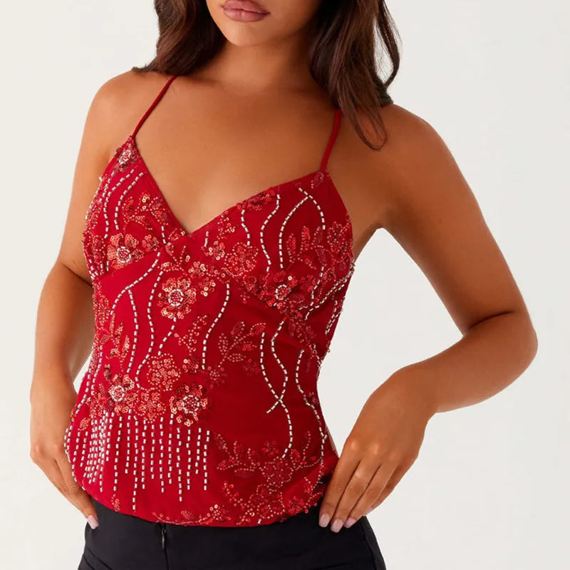BXOXO Sequin Halter Crop Tops for Women Y2k Pearl Embellished Cami Tops Summer Glitter V Neck Rhinestone Camisole Tank Shirt