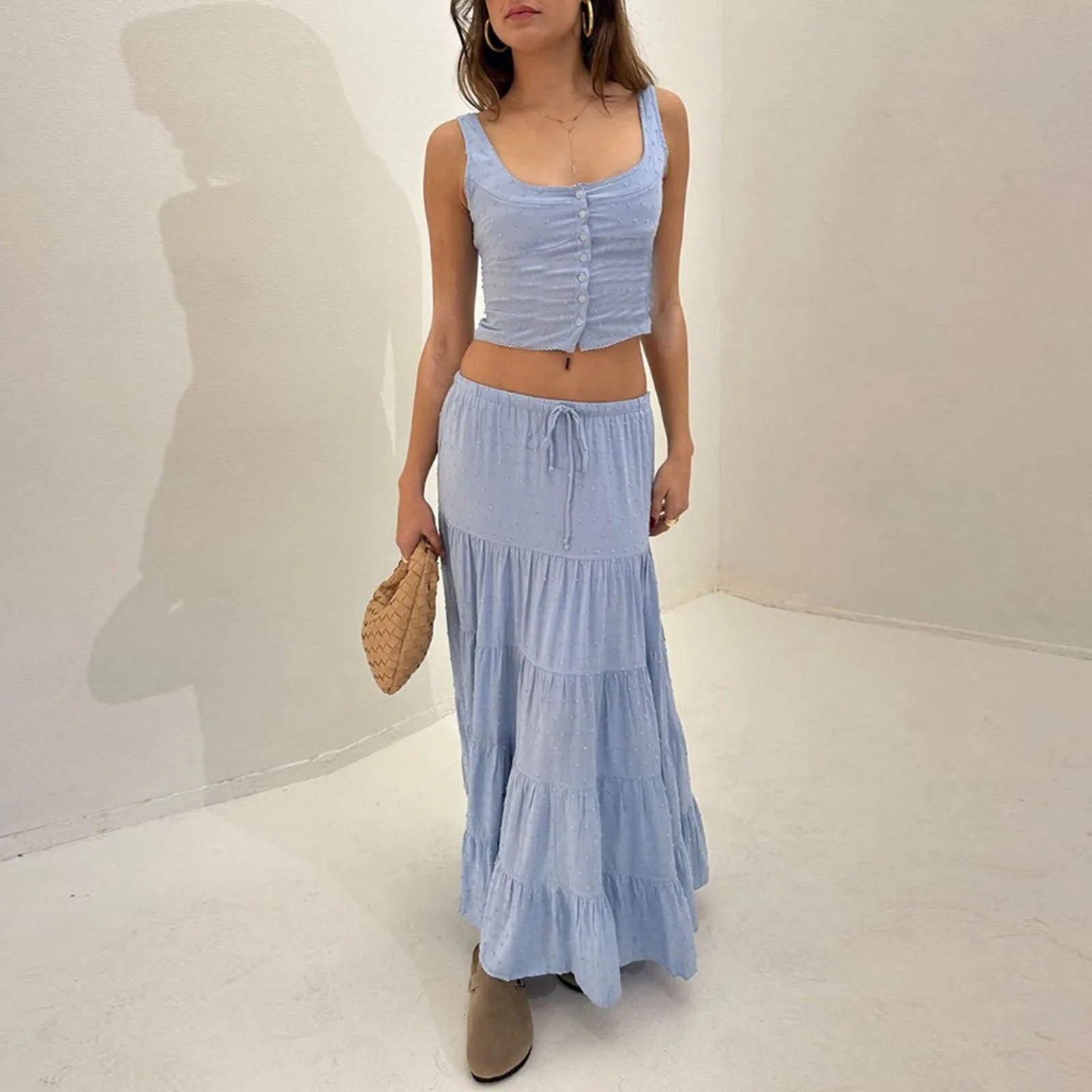 BXOXO Womens 2 Piece Maxi Skirt Set Lace Up Sleeveless Tank Top and Flowy Long Skirt VintageY2K Summer Party Beach Outfits