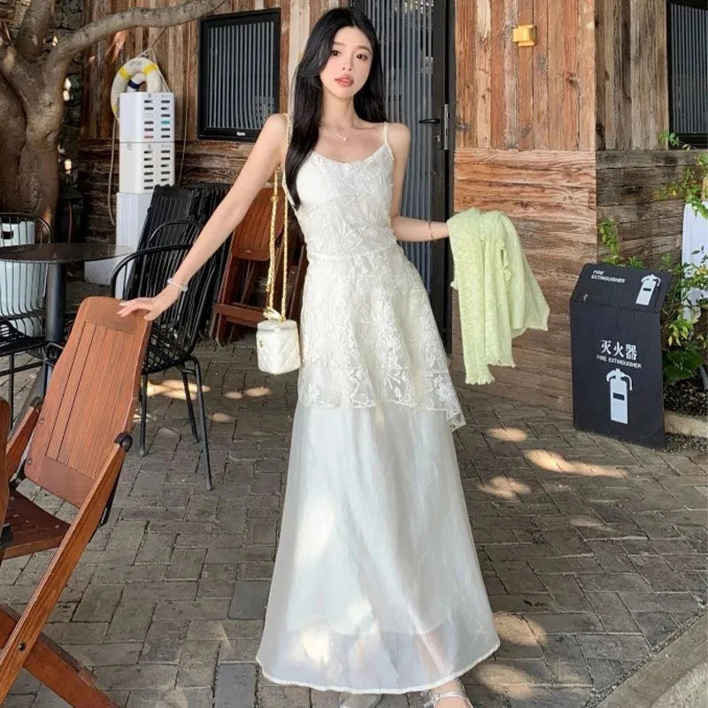 Bxoxo French Elegant Camis Dress for Women Fashion Lace Patchwork Irregular Midi Dress Summer New Beach Vacation Embroidered Vestidos
